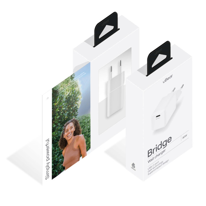 Cетевое зарядное устройство uBear Bridge USB-C, 30 Вт, GaN + Super Fast Charging, белый