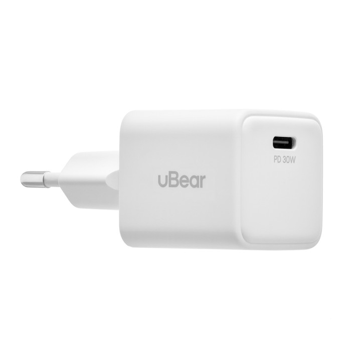 Cетевое зарядное устройство uBear Bridge USB-C, 30 Вт, GaN + Super Fast Charging, белый